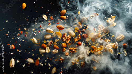 Nuts in smoke on a black background. A handful of almonds, cashews, walnuts, pistachios and hazelnuts are floating in the air. Nut explosion