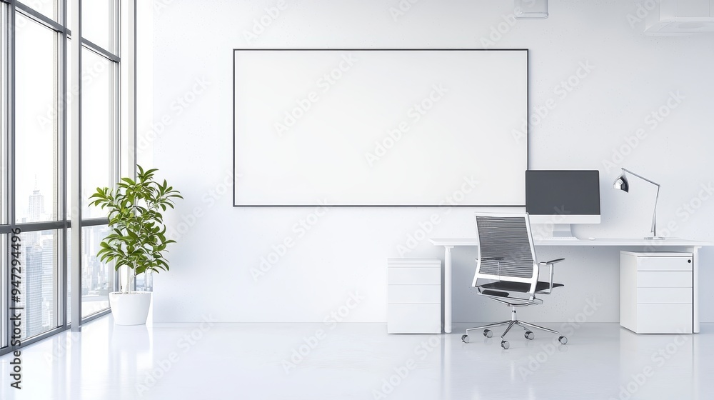 Modern Office Interior Design with White Desk Chair and Large Window View Modern Office Interior Design with White Desk Chair and Large Window View