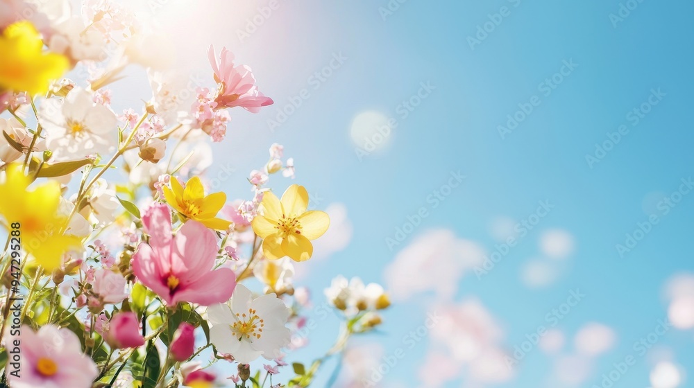 Spring Flowers Blooming in Sunlight with Blue Sky Background Spring Flowers Blooming in Sunlight with Blue Sky Background