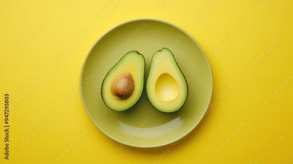Two Halves of Avocado on Green Plate Two Halves of Avocado on Green Plate