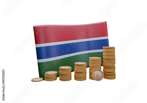 3D render illustration of Gambia flag and currency called Dalasi photo