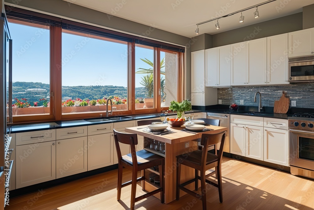 Fototapeta premium Spacious Culinary Studio with Dining Area Ample Storage Cabinets and Scenic Terrace Window