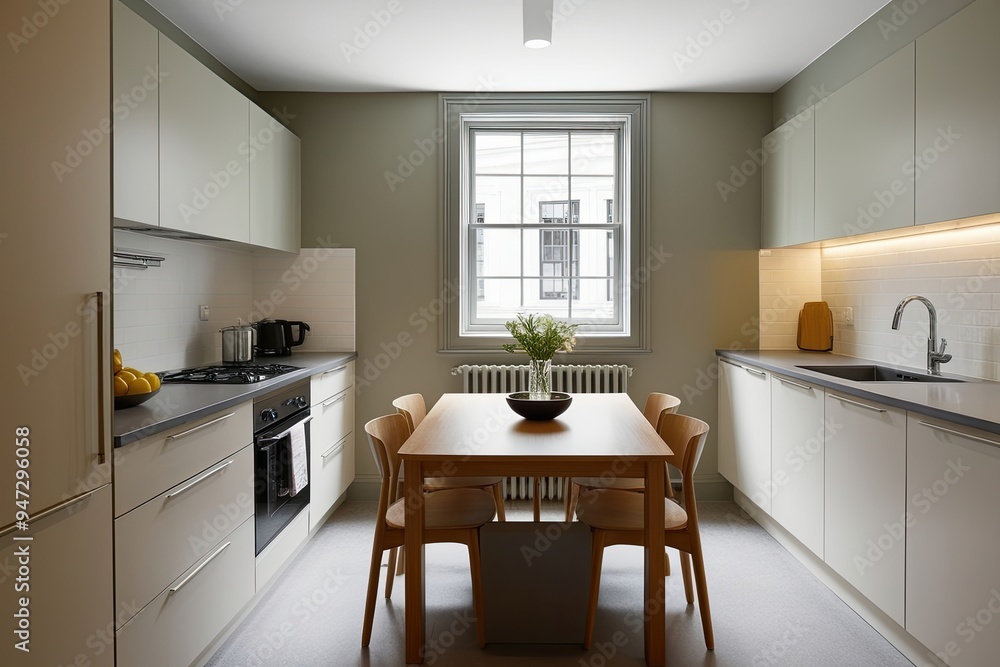 Efficient Kitchen Design with Cozy Dining Area and Sunny Square Window Efficient Kitchen Design with Cozy Dining Area and Sunny Square Window