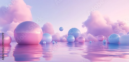 Pink and Blue Spheres Floating on Water with Soft Clouds and Purple Sky