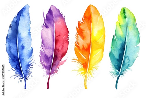 Colorful rainbow feathers in watercolor art with defined edges.