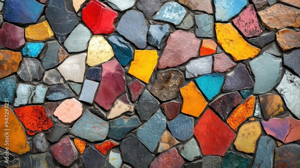 A close-up shot of a vibrant and colorful mosaic tile design on the side of a wall, A close-up shot of a vibrant and colorful mosaic tile design on the side of a wall,