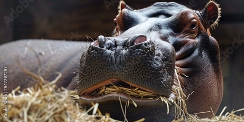 Hippopotamus consuming hay in an animal park photo