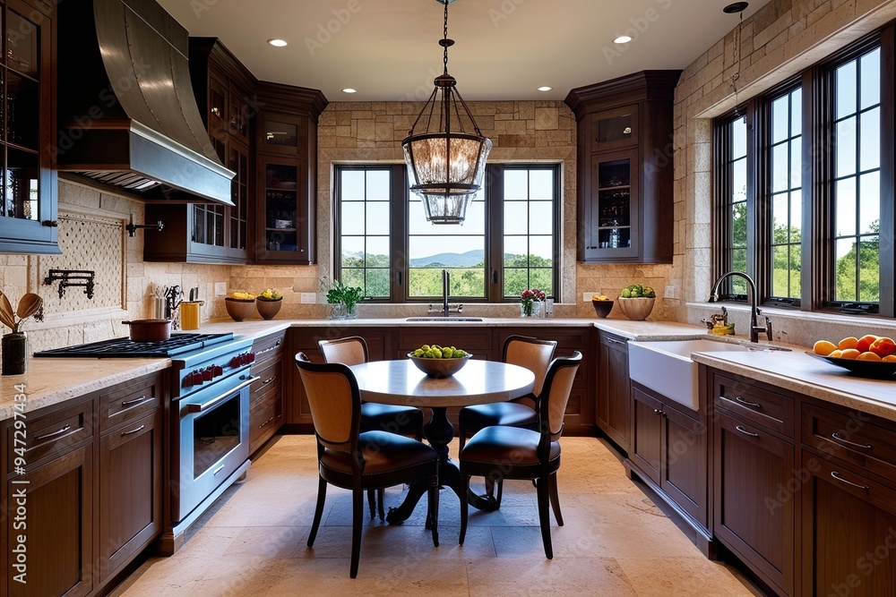 Fototapeta premium Sophisticated Stone Kitchen Design Featuring Gourmet Cabinets and Dining Table with Scenic Window View