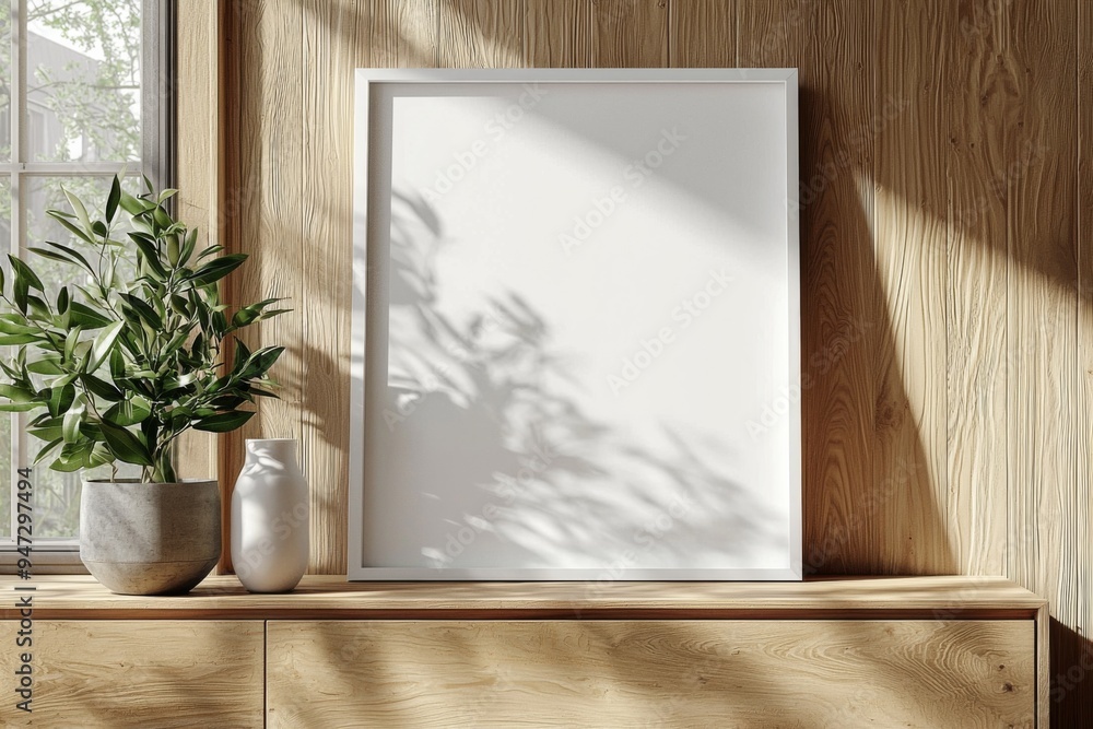 Poster Frame Mockup on Wooden Interior Background created with Generative AI Poster Frame Mockup on Wooden Interior Background created with Generative AI