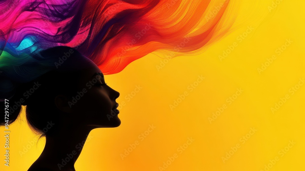 Colorful silhouette of a woman on a vibrant background, representing creativity and positive energy for mental health awareness and artistic inspiration Colorful silhouette of a woman on a vibrant background, representing creativity and positive energy for mental health awareness and artistic inspiration