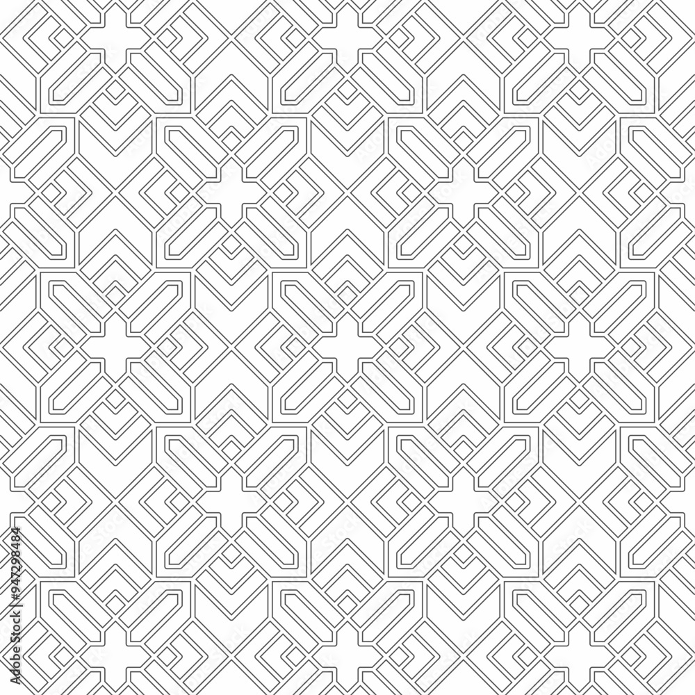 Seamless geometric pattern with interlocking thin lines on a white background. Suitable for various creative projects or decorative elements. Seamless geometric pattern with interlocking thin lines on a white background. Suitable for various creative projects or decorative elements.