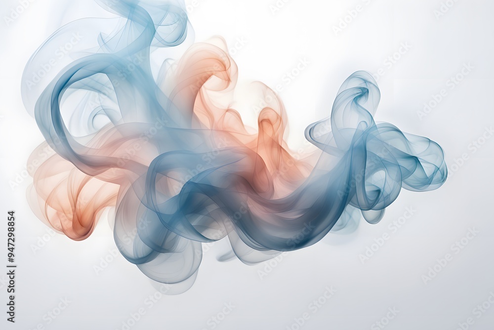 Fototapeta premium Pastel blue and peach colored smoke gently swirling and blending into a white background, AI Generated