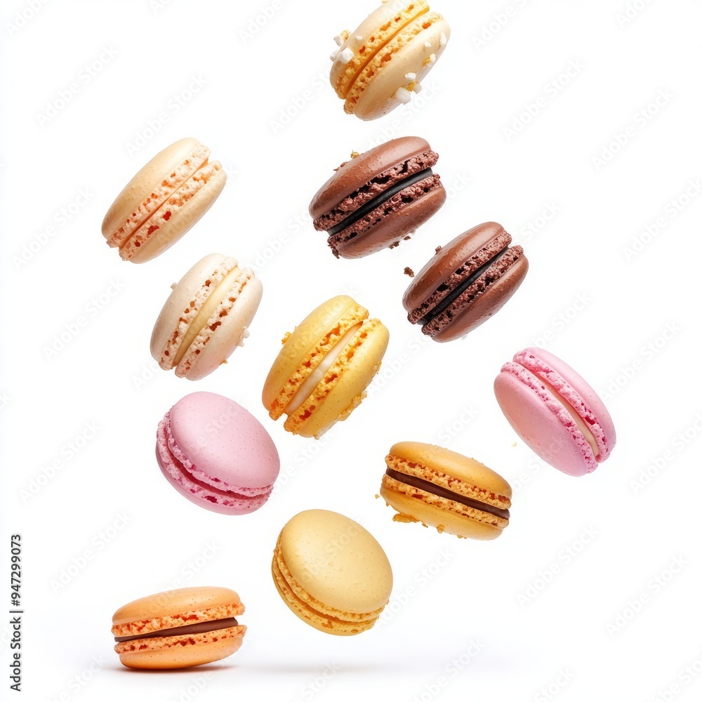 Falling macarons isolated on white background Falling macarons isolated on white background