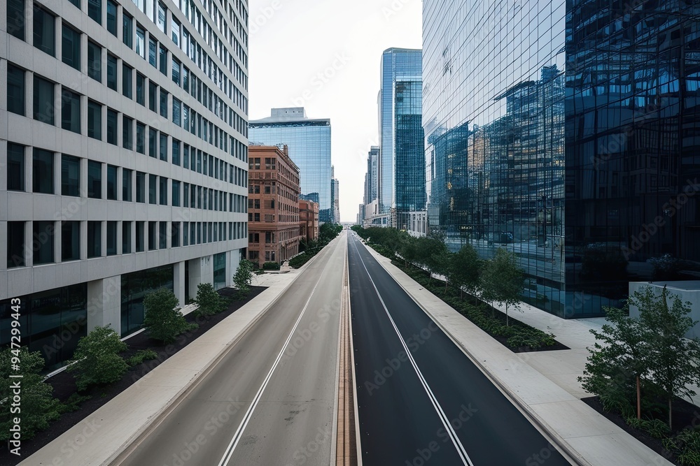 Peaceful Urban Scene of Vacant City Street Next to Contemporary Office Building with City Reflections Peaceful Urban Scene of Vacant City Street Next to Contemporary Office Building with City Reflections