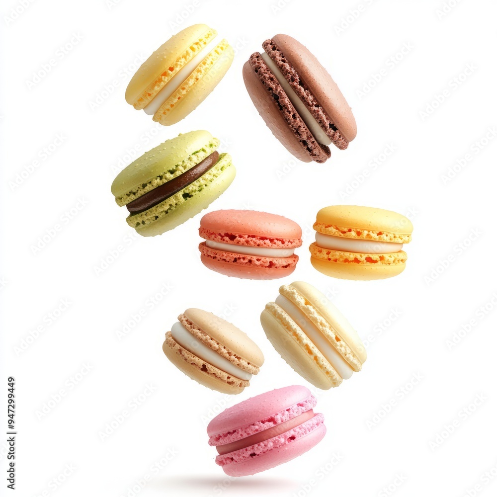 Falling macarons isolated on white background Falling macarons isolated on white background
