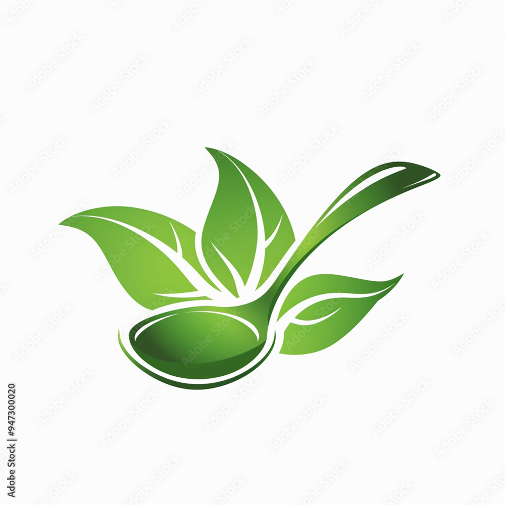 Naklejka premium healthy food logo design with spoon and leaf elements, isolated on white background
