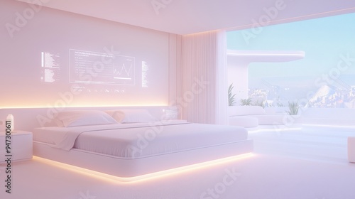 Futuristic Bedroom Interior Design with White Bed LED Lights and Cityscape View