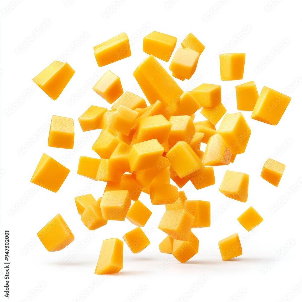 Falling many mango cube slices isolated on white background Falling many mango cube slices isolated on white background