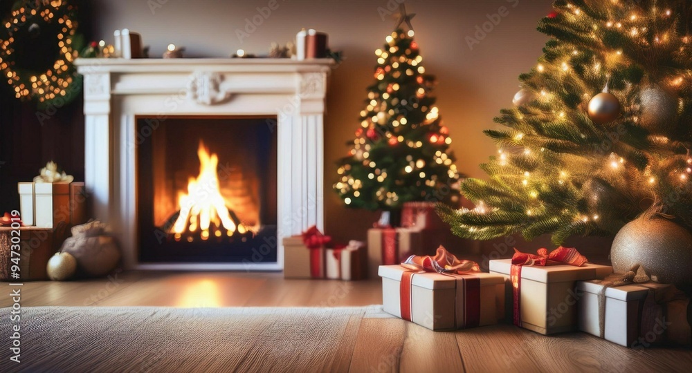 Holiday able with christmas tree and fireplace with copy space Holiday able with christmas tree and fireplace with copy space