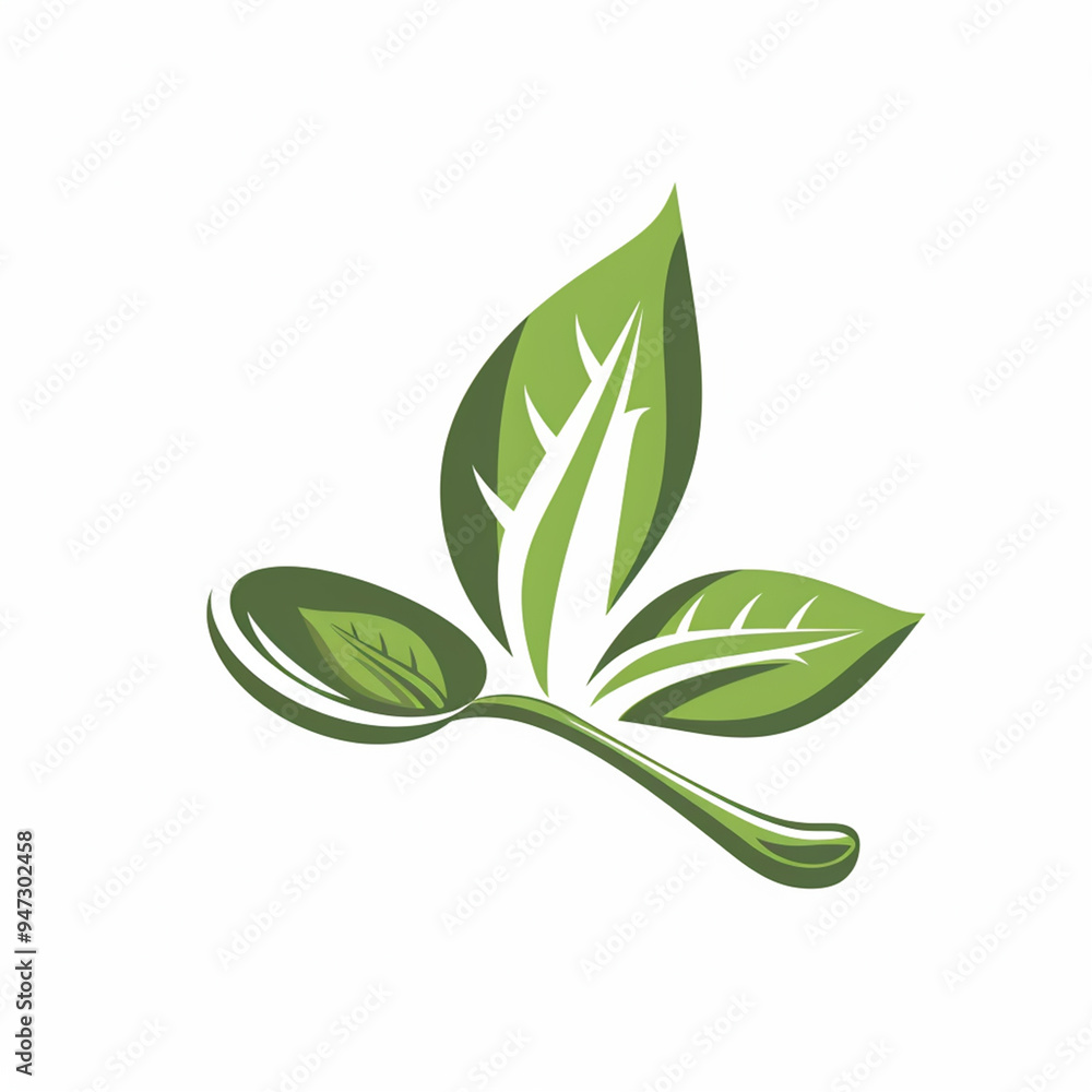 Naklejka premium healthy food logo design with spoon and leaf elements, isolated on white background