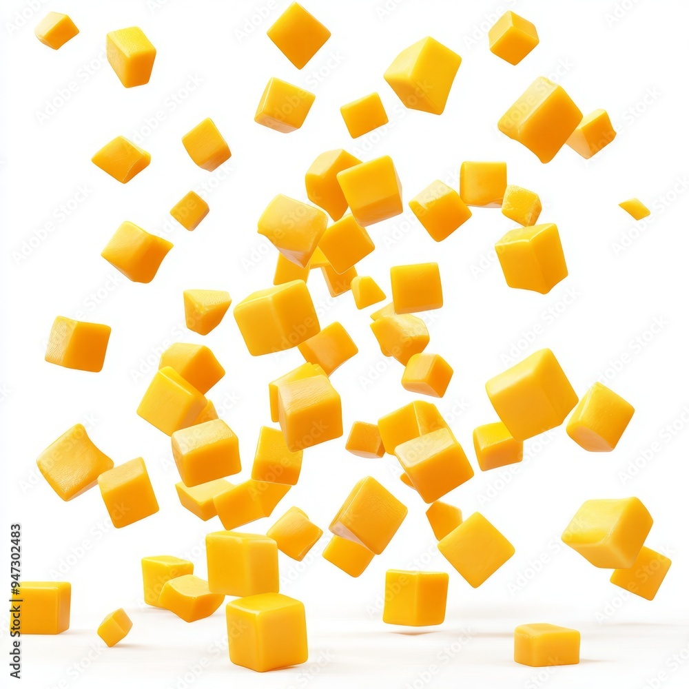 Falling many mango cube slices isolated on white background Falling many mango cube slices isolated on white background
