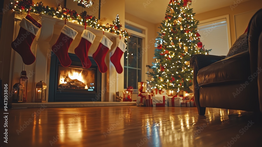 Cozy Christmas living room with a decorated tree, stockings, and a warm fireplace. Perfect for holiday spirit and festive ambiance. Cozy Christmas living room with a decorated tree, stockings, and a warm fireplace. Perfect for holiday spirit and festive ambiance.