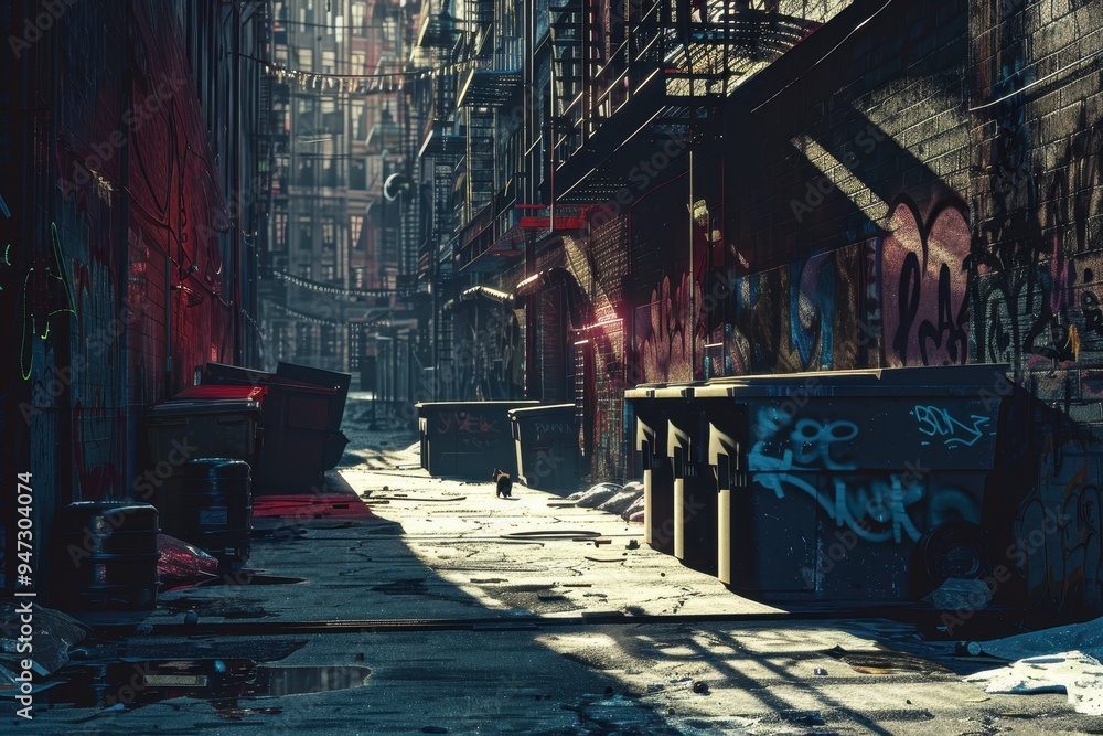 A dirty and small alleyway beside an abandoned row houses