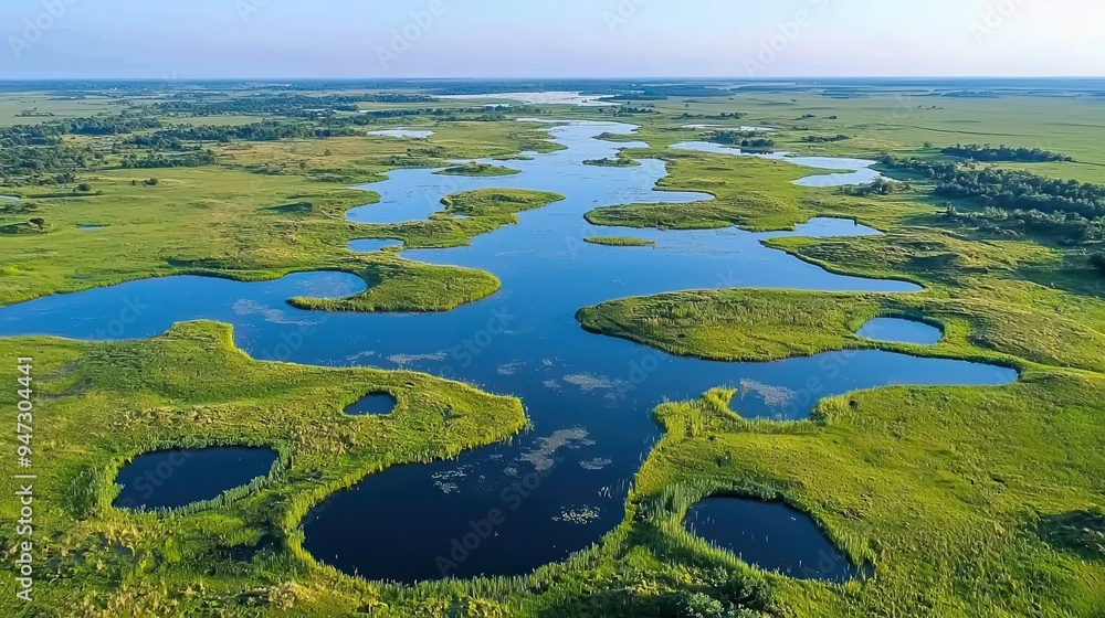 Aerial View of Lush Green Meadow with Winding River and Scattered Lakes Aerial View of Lush Green Meadow with Winding River and Scattered Lakes