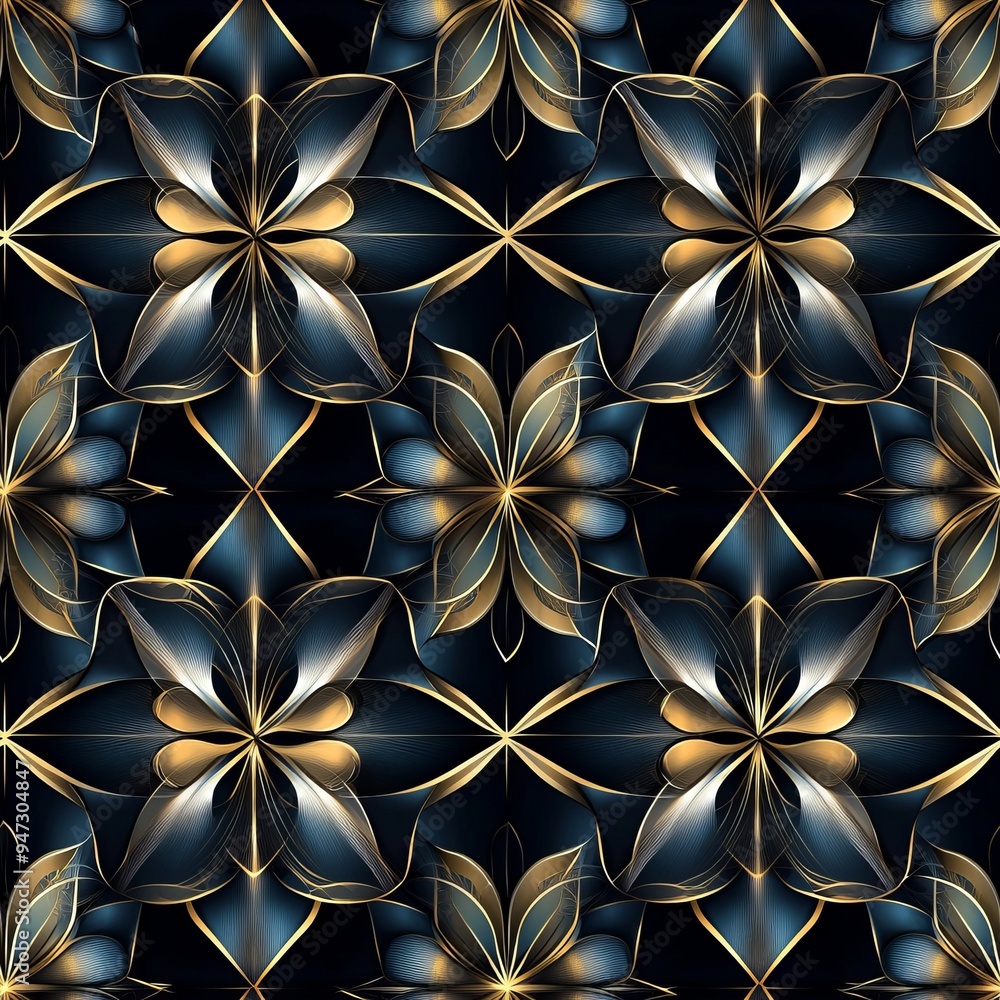 Seamless pattern of geometric floral arrangements with metallic highlights Seamless pattern of geometric floral arrangements with metallic highlights