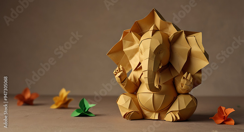 An origami style Paper made Lord Ganesha figure or hindu god ganpati on a plain background with copy space, Eco friendly ganpati visarjan concept