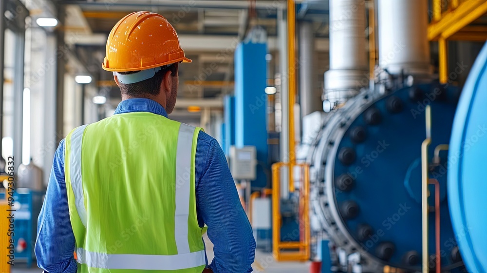 Industrial Worker in Hard Hat and Safety Vest Looking at Machinery Industrial Worker in Hard Hat and Safety Vest Looking at Machinery