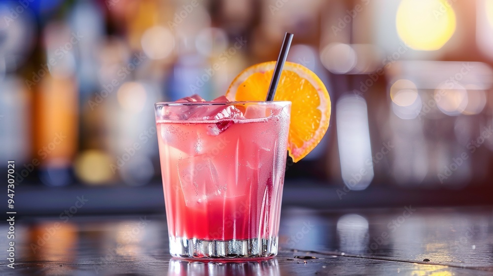 Glass of Pink Drink with a Slice of Orange on Top, Served in a Short Glass with a Black Straw Glass of Pink Drink with a Slice of Orange on Top, Served in a Short Glass with a Black Straw