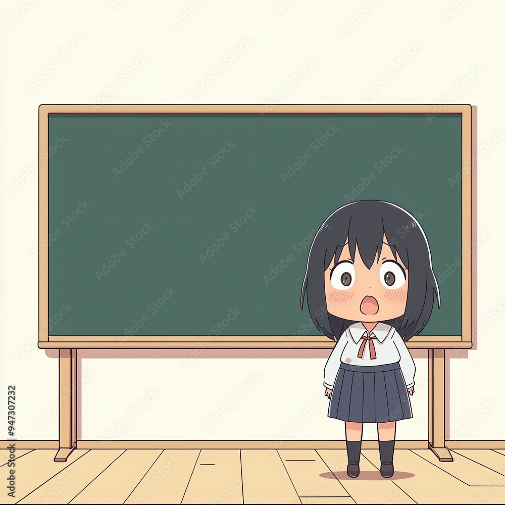 Cute Anime Schoolgirl Standing in Front of Green Blackboard Cute Anime Schoolgirl Standing in Front of Green Blackboard