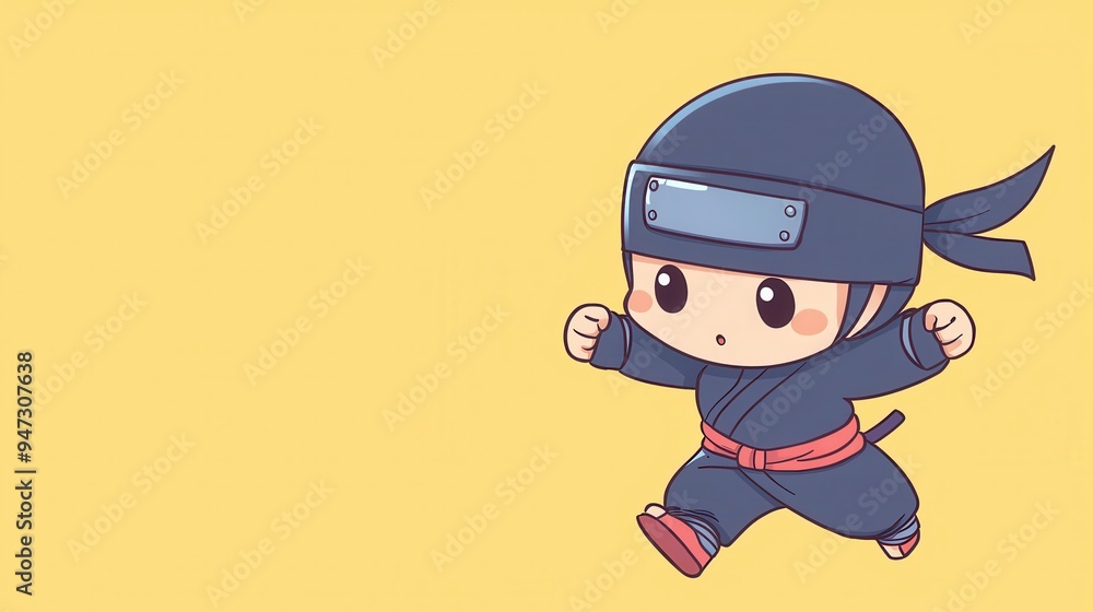 Cute Ninja Cartoon Character Running on Yellow Background Cute Ninja Cartoon Character Running on Yellow Background