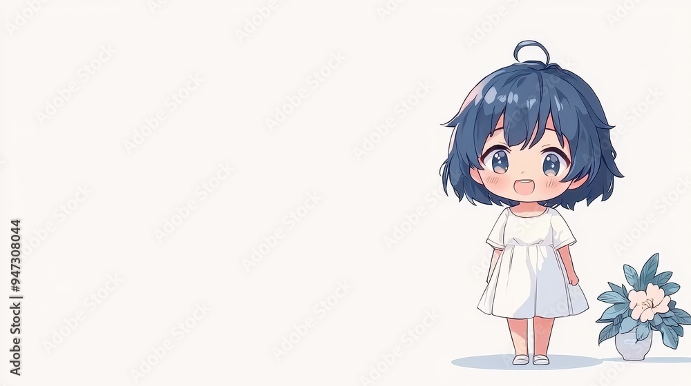Cute Anime Girl in White Dress Smiling Next to Flower Pot Cute Anime Girl in White Dress Smiling Next to Flower Pot