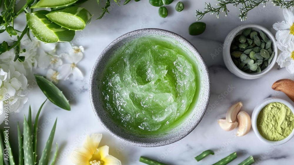 Aloe vera gel being mixed into a homemade face mask, surrounded by other natural ingredients. Aloe vera gel being mixed into a homemade face mask, surrounded by other natural ingredients.