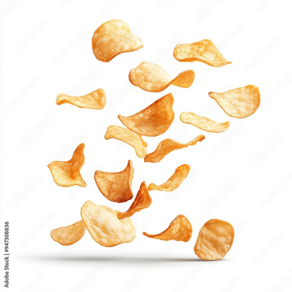 Falling natural potato chips isolated on white background Falling natural potato chips isolated on white background