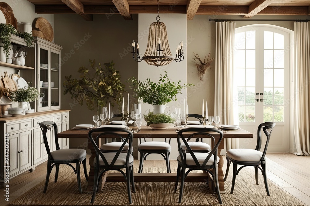 Obraz premium Elegant Mockup Scene in Rustic Farmhouse Dining Space with Chic Decor and Natural Atmosphere