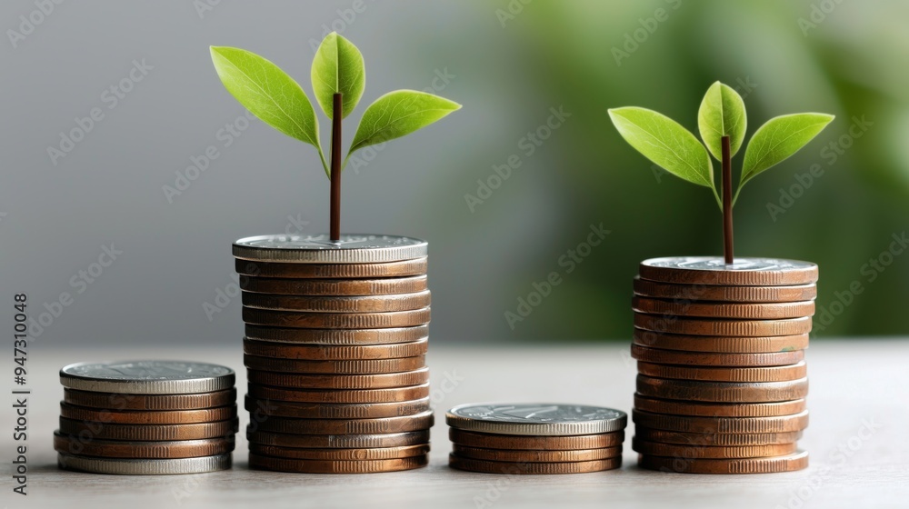 Green Plant Sprouting From Stacks of Coins Growth Concept Green Plant Sprouting From Stacks of Coins Growth Concept