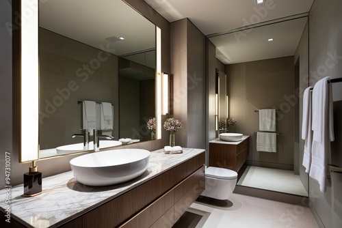Elegant Bathroom Interior Design with Modern Sink and Large Mirror Integration