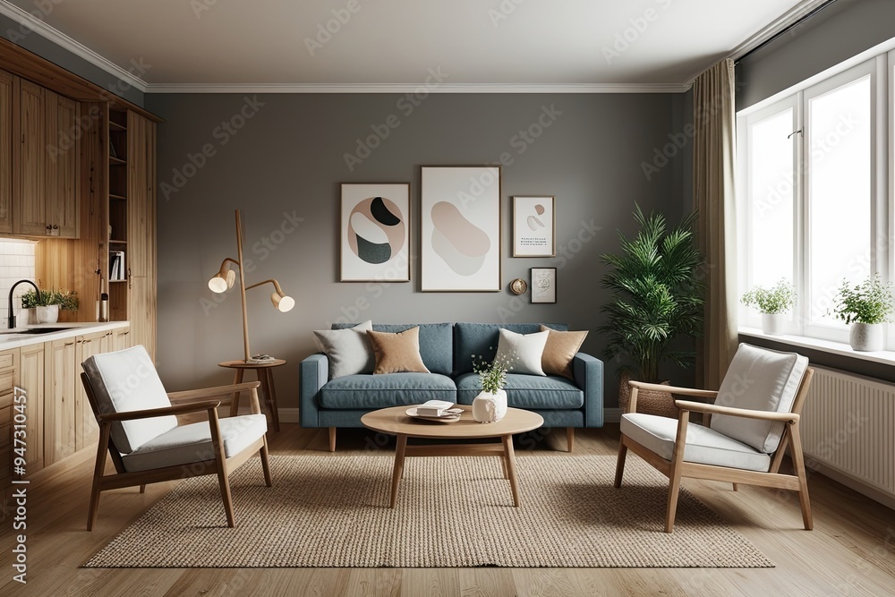 Fototapeta premium Cozy Scandinavian Home Interior Mockup Featuring Natural Wooden Furniture