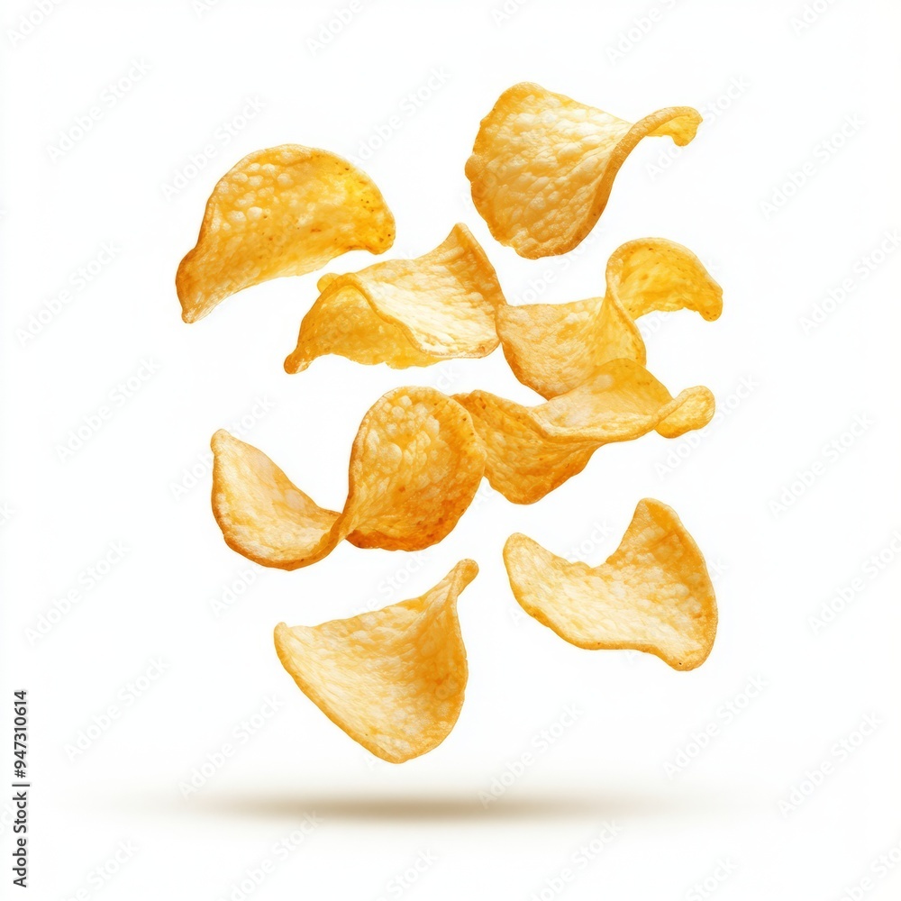 Falling natural potato chips isolated on white background Falling natural potato chips isolated on white background