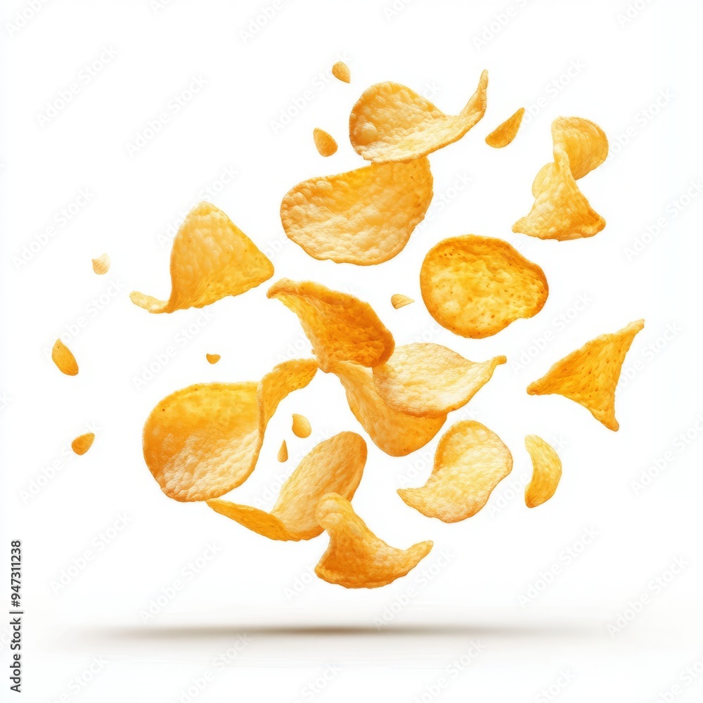 Falling natural potato chips isolated on white background Falling natural potato chips isolated on white background