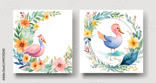 Vintage Watercolor Greeting Card with Blooming Flowers and Birds. Thank You with Place for Your Text. Wildflowers, Vector Illustration