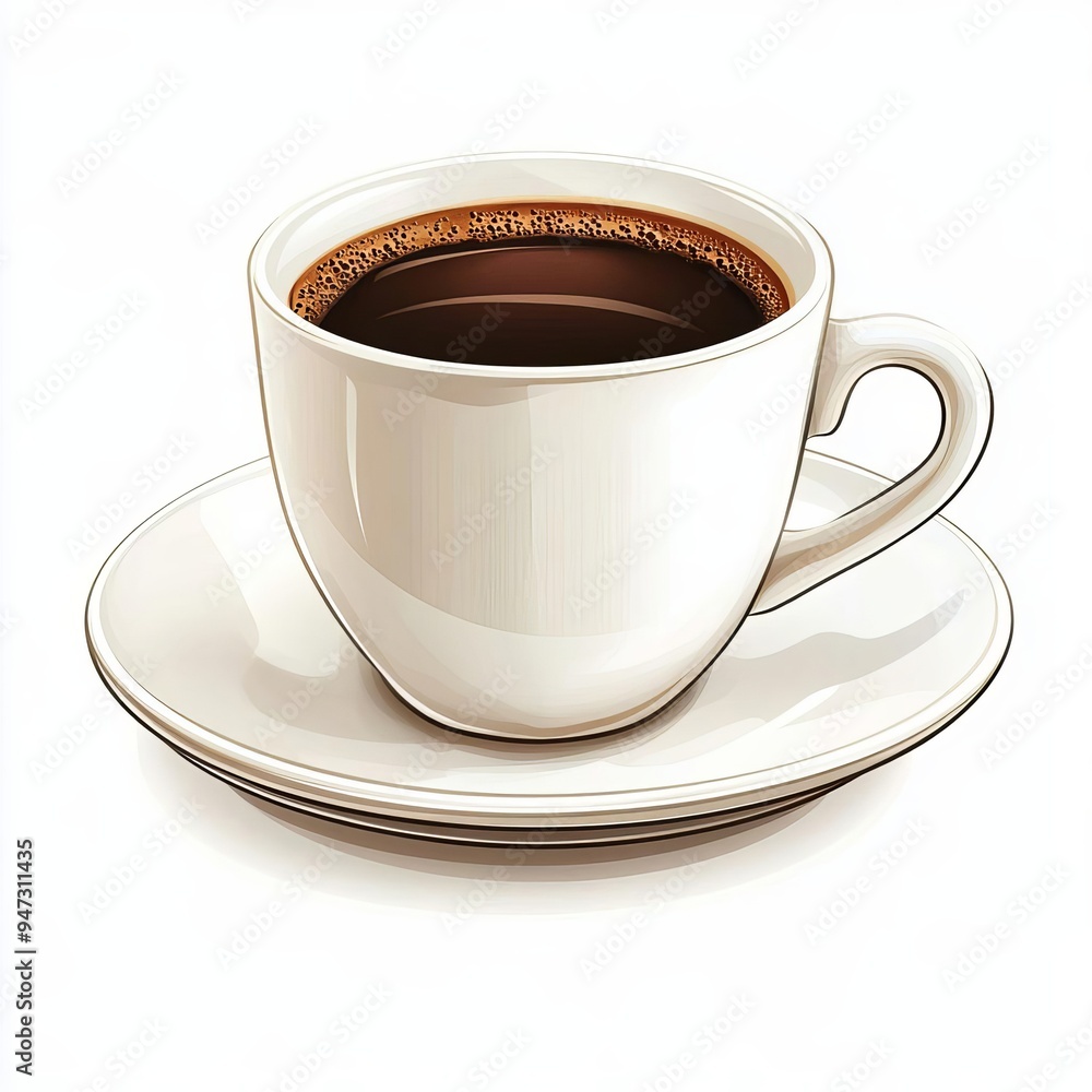 Obraz premium A steaming cup of coffee on a white saucer, isolated on white background.