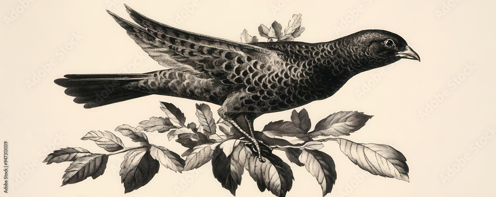 Fototapeta premium An antique engraving of a natural history illustration featuring a bird in flight, old engraving, natural history, bird
