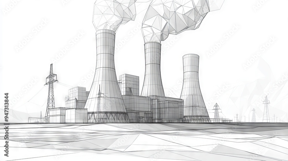 Obraz premium Nuclear power plant sketch. Isolated abstract polygonal nuclear reactor. Polluting energy. Industry concept. Plant, station, or factory in modern low poly wireframe style. Vector illustration.