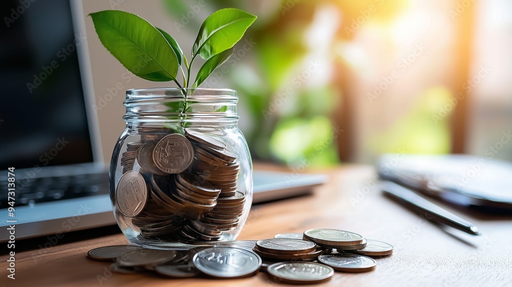Plant Growing From Coins in Glass Jar on Wooden Desk Plant Growing From Coins in Glass Jar on Wooden Desk
