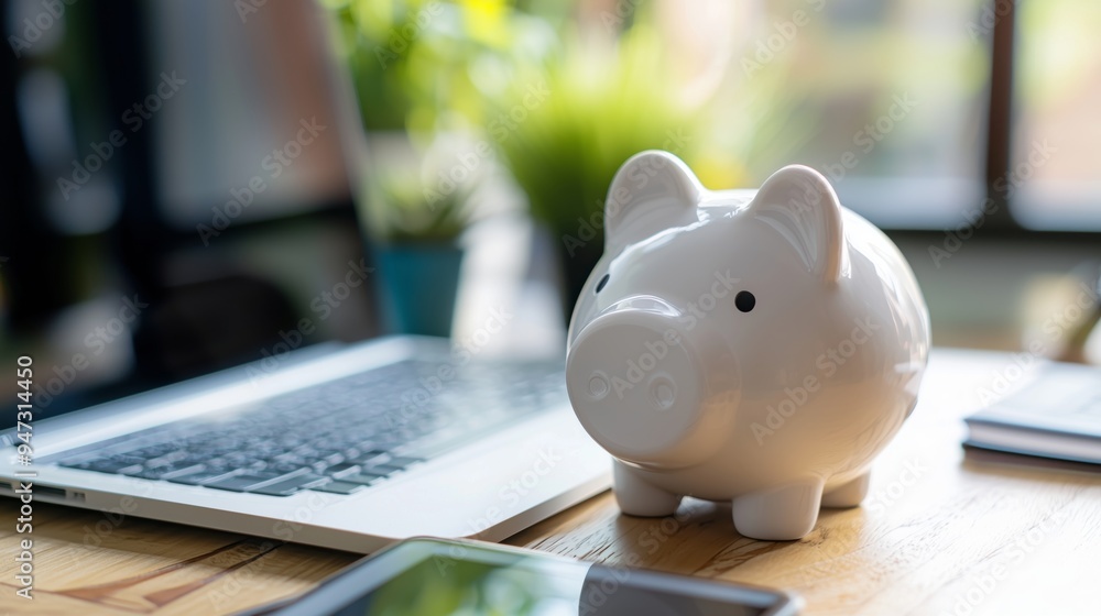 White Piggy Bank on Wooden Desk with Laptop and Phone White Piggy Bank on Wooden Desk with Laptop and Phone