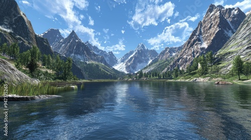 Serene Mountain Lake with Snow-Capped Peaks and Lush Greenery